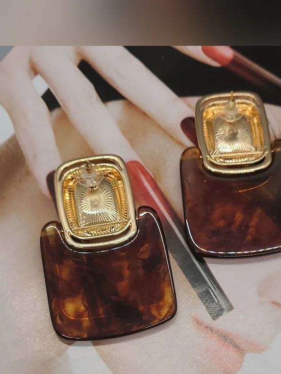 Vintage Retro Large Crystal Rootbeer Geometric Doorknocker Gold Drop Earrings - Picture 14 of 14